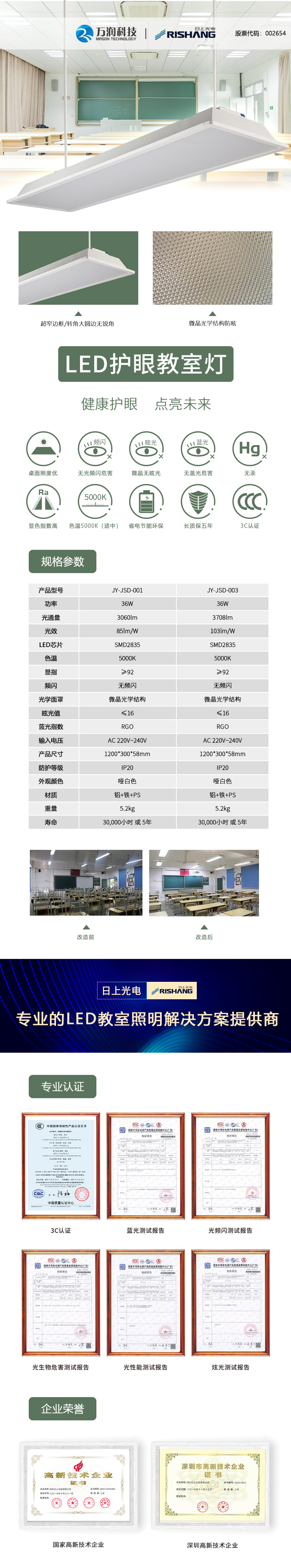 日上光电 LED教室灯 防眩光无频闪 健康护眼 教室照明 节能环保 JY-JSD-001